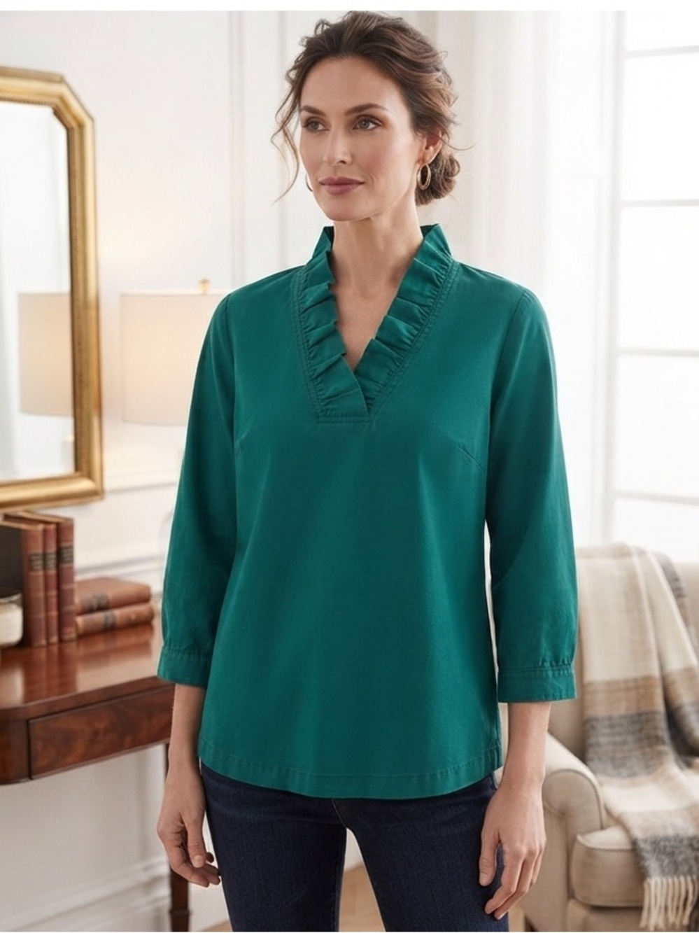 Crown & Ivy Teal V-Neck Ruffle Blouse NWT 60.00